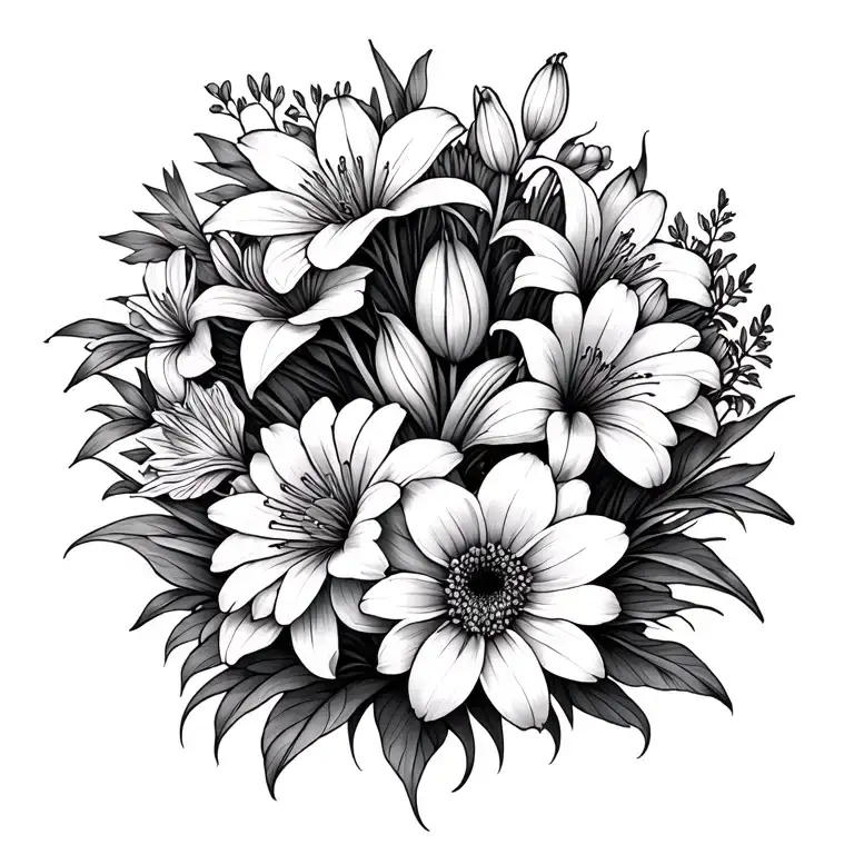chrysanthemum, gladiolus and star lily bouquet tied tattoo design idea