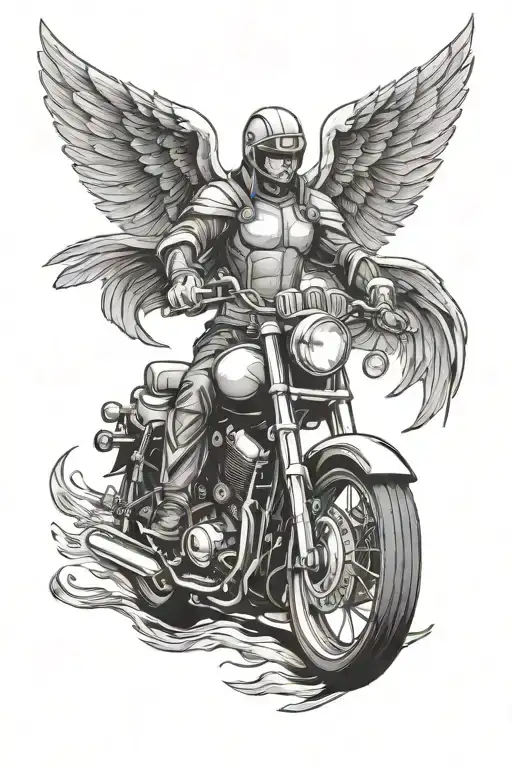 archangel wings spread over motorcycle riding tattoo design idea
