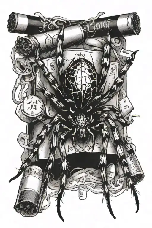 spider black creepy on top of a pack of cigarettes that wraps its legs around it tattoo design idea