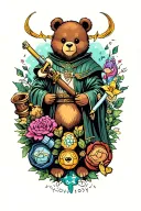 whimsical tattoo containing elements from Harry Potter, Lord of the rings, Star Wars, care, Bears, G1, My Little Pony tattoo design idea