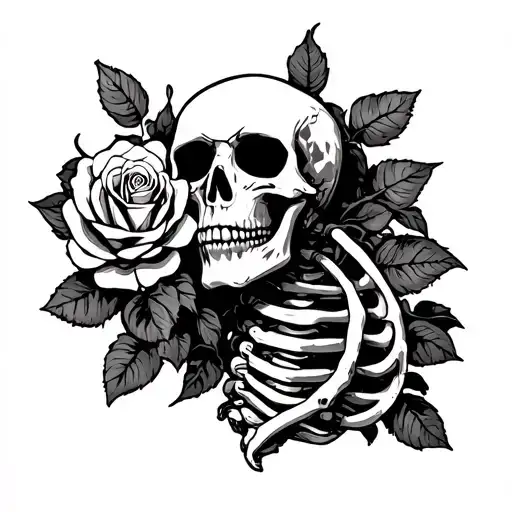 skeleteon with rose coming out of ribs tattoo design idea