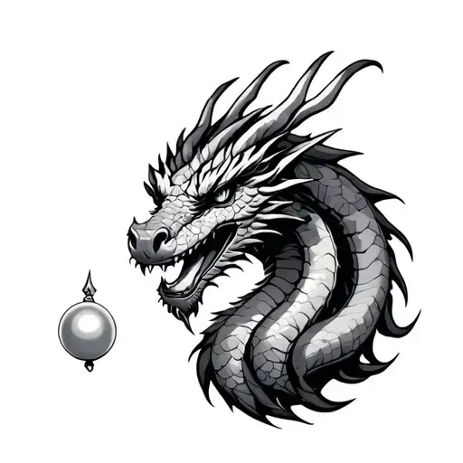 dragons head from chest with body flowing over shoulder and down the arm with three claws holding a pearl tattoo design idea