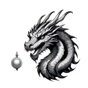 dragons head from chest with body flowing over shoulder and down the arm with three claws holding a pearl tattoo design idea