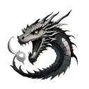 dragons head from chest with body flowing over shoulder and down the arm with three claws holding a pearl tattoo design idea