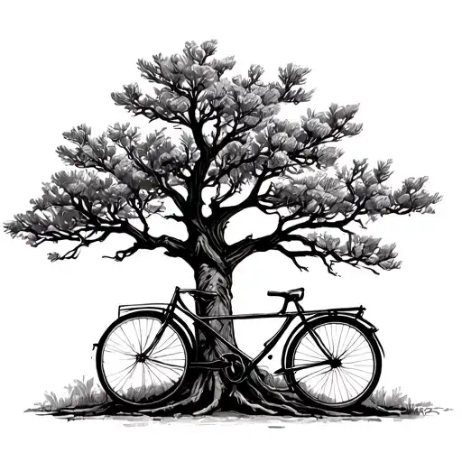 outline of acacia tree with torah in the trunk, bicycle leaning on the tree; simple line art tattoo design idea