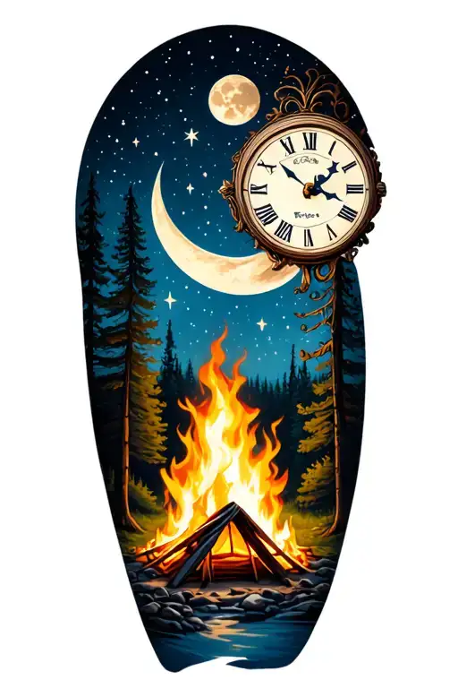 Camp site, camp fire, forest, clock face moon, stars, wrap around arm tattoo design idea