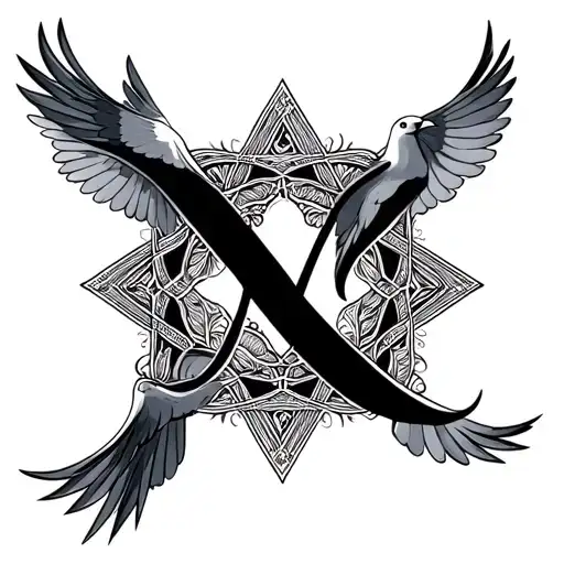 Dove which flies away a arabesque star letter M intertwined with the letter a tattoo design idea