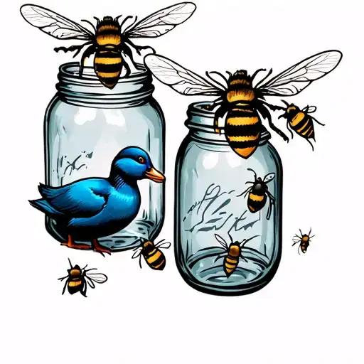 mason jar and bees and blue duck  tattoo design idea