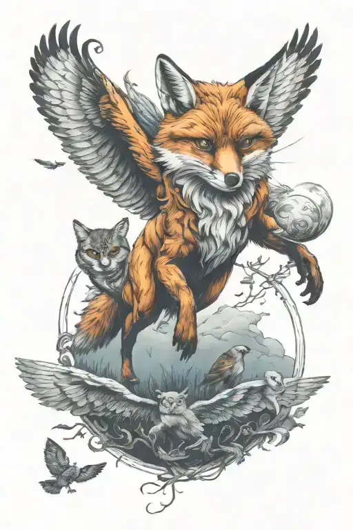 fox chasing owl flying tattoo design idea