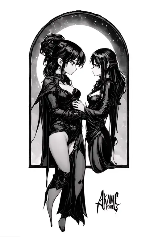 Akame from the anime of the Killer Akama and Albedo from Overlord Renoving a strip alone Avizes love passion to the other kindness and tattoo design idea