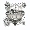 A geometric design featuring water and Nova Scotia landmarks in a dotwork style tattoo design idea