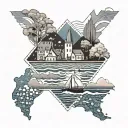 A geometric design featuring water and Nova Scotia landmarks in a dotwork style tattoo design idea
