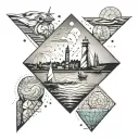 A geometric design featuring water and Nova Scotia landmarks in a dotwork style tattoo design idea