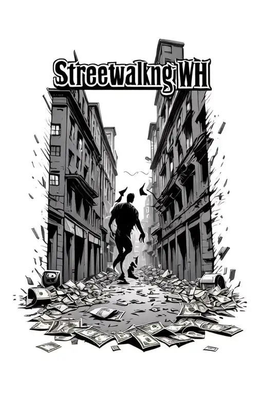 gritty street, trash, banknotes litter the street. demons peer out from buildings and alleys. the words Streetwalking Wh tattoo design idea