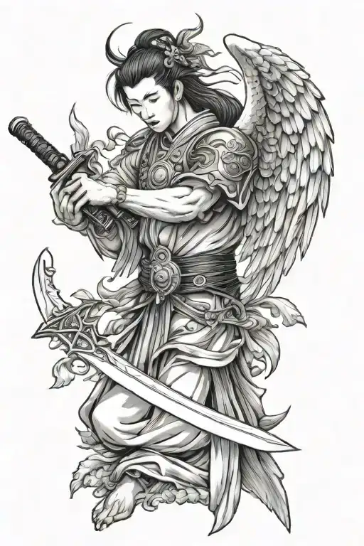 chinese angel holding a sword tattoo design idea