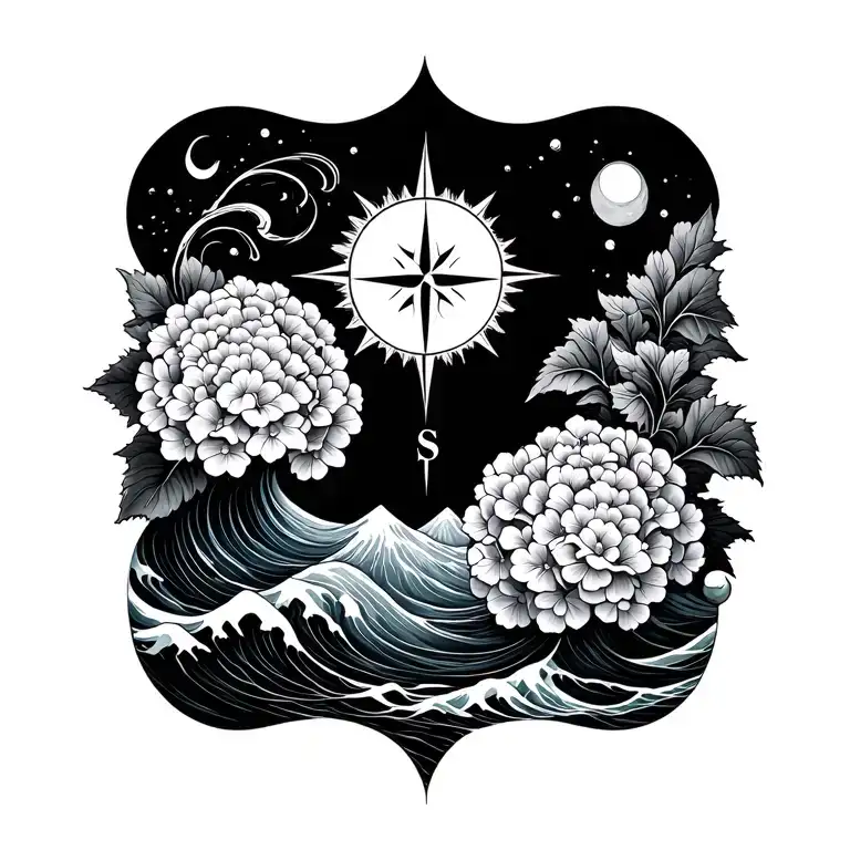 Sun, wind, wave, São Miguel’s mountains, compass, hydrangeas — fluidly intertwined. tattoo design idea