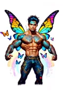 sexy adult gay male faery cartoon bodybuilder, playful, magical. Around him are butterflies, rainbows.  tattoo design idea