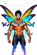 sexy adult gay male faery cartoon bodybuilder, playful, magical. Around him are butterflies, rainbows.  tattoo design idea
