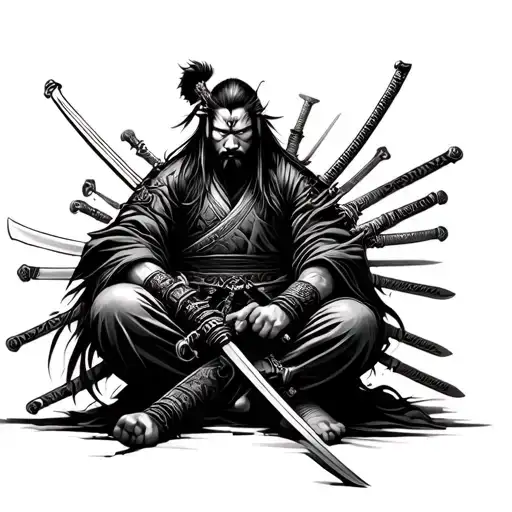 samurai stabbed by multi swords, siting calmly tattoo design idea