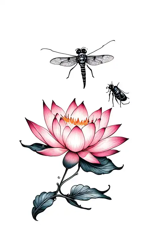 whimsical lotus flower and a firefly insect tattoo design idea
