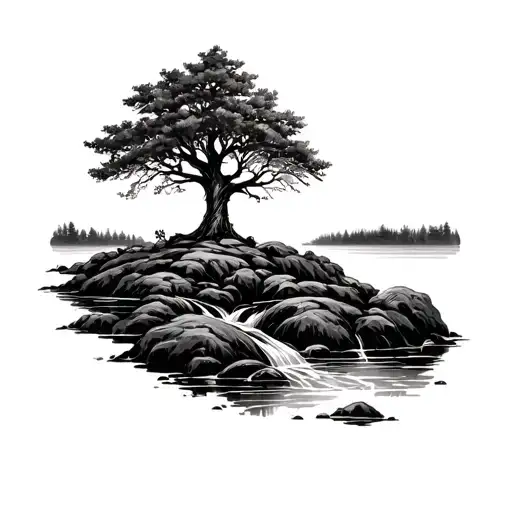 tree planted by a multi forked stream of water that it overhangs. The area around the tattoo should fade into the skin.  tattoo design idea
