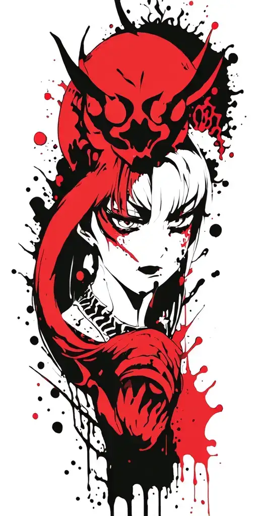 anime character wearing a oni mask fighting off inner demons tattoo design idea