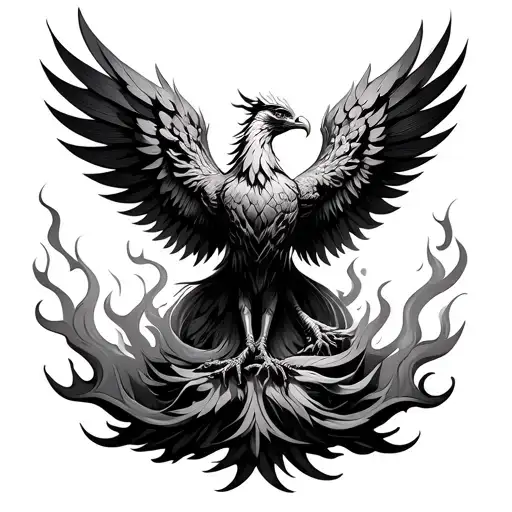 Design a majestic phoenix as the central figure, wings wide and rising from detailed, flowing flames that symbolize rebi tattoo design idea