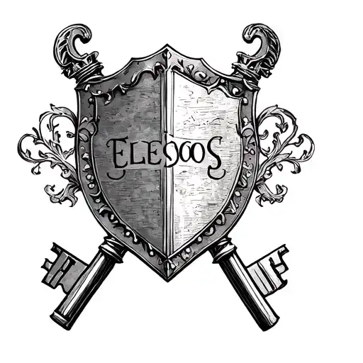 TWO CROSSED ENGLISH KEYS AND A MEDIEVAL SHIELD THAT SAYS ELESOS tattoo design idea