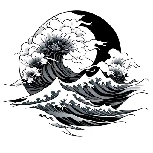 Japanese style tattoo involving shaded waves tattoo design idea