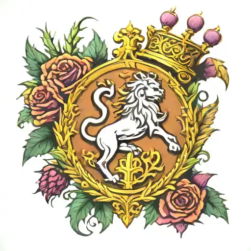 Scottish clan crest heraldry crown surrounded by Scottish thistles, roses, unicorn and lion rampant  tattoo design idea