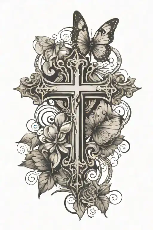 Christian cross and butterfly tattoo design idea