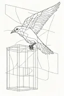 a single bird flying out of a cage that imprisoned it, representing freedom, with fine lines and a more abstract design tattoo design idea