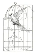 a single bird flying out of a cage that imprisoned it, representing freedom, with fine lines and a more abstract design tattoo design idea