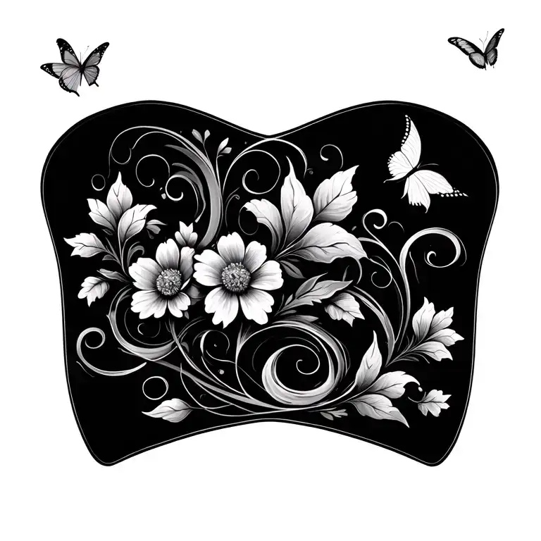 swirling pattern with flowers and butterflies flying to cover breast implant scars  tattoo design idea