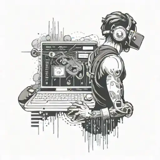 A dynamic tattoo of a hacker in a virtual reality world, surrounded by computer codes and tattoo design idea