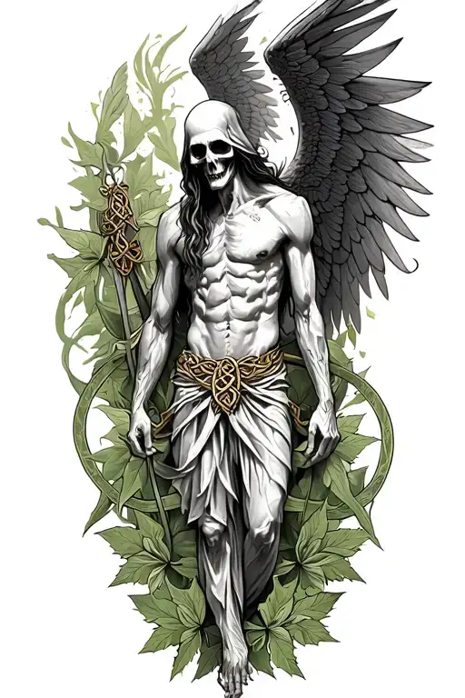 skinny Lucifer with wings in style of grim reaper surrounded by celtic leaves tattoo design idea