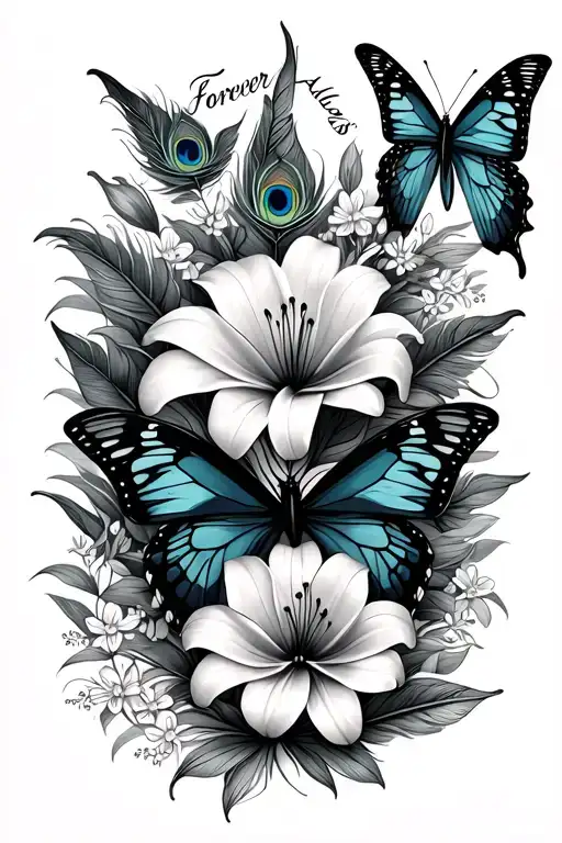 butterflys with alot of lilly flowers with three small peacock feathers and words saying forever and always tattoo design idea