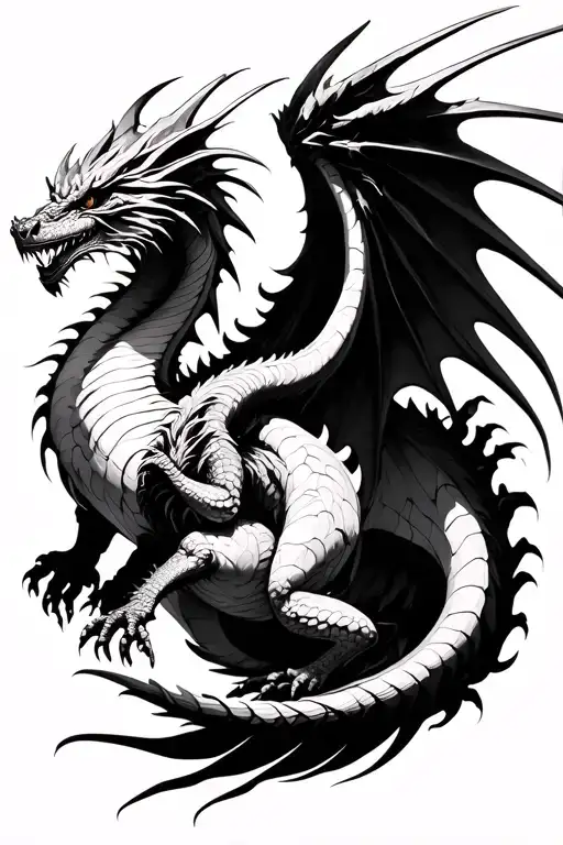 Realistic black and white dragon, rising like a phoenix, full body, wings spread wide, body spiraling upward, surrounded tattoo design idea