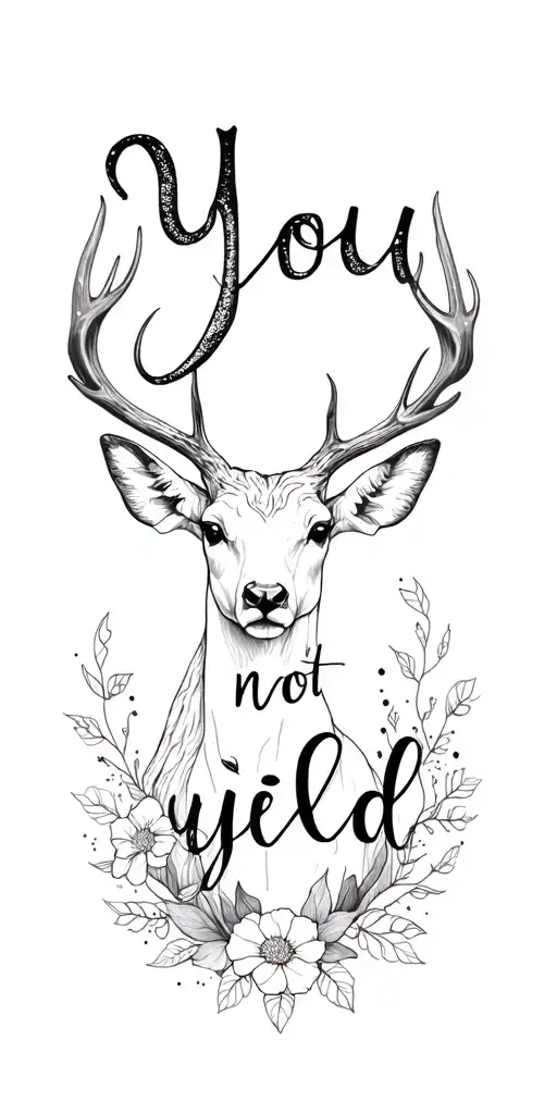 "You do not yield " Delicate floral sleeve, Aries Cancer zodiac, stag silhouette, dotwork flames, feminine ethereal black and grey tattoo design idea