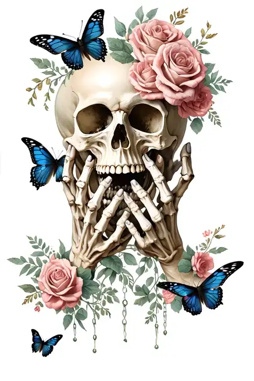skeleton hands gripping a skull with an open mouth and have roses and ither flowers and butterflies incorperated into it tattoo design idea