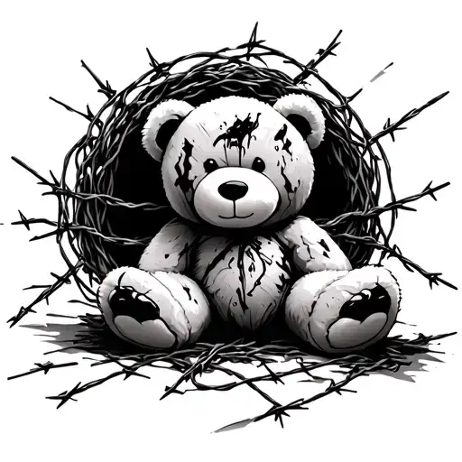 A teddy bear entangled in barbed wire, with a halo of barbed wire, with bloody streaks and patches tattoo design idea