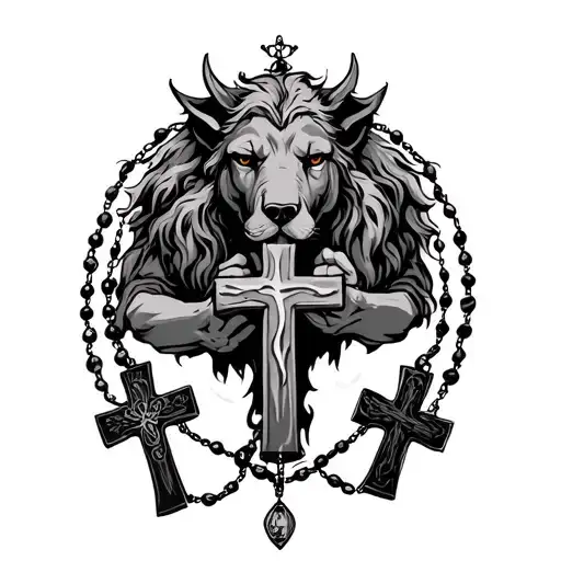 Cerberus, crosses, rosary, with prayer hands tattoo design idea