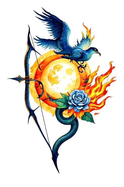 A golden sun with a flaming bow and arrow at the center, encircled by a phoenix, serpent-rose, mountain moon, and fiery  tattoo design idea