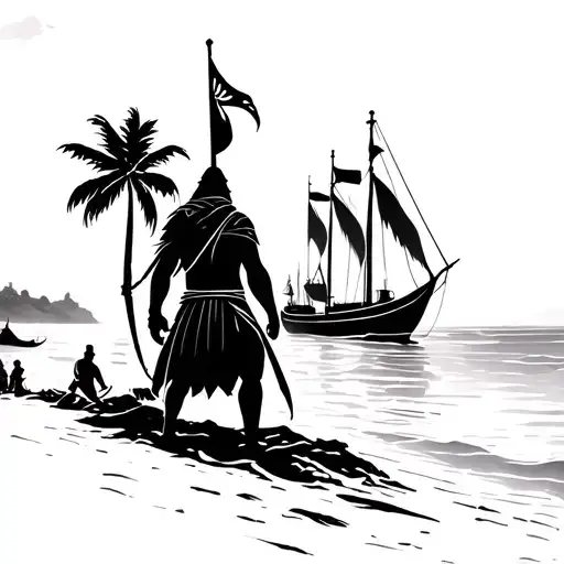 A Beach Scene with warrior overlooking Spanish conquistador boats arriving to shore tattoo design idea