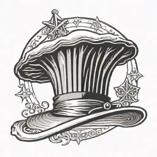 A tattoo of a chef's hat with religious symbols incorporated in a black-grey style tattoo design idea