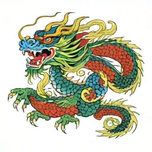 japanese dragon, red green and blue tattoo design idea