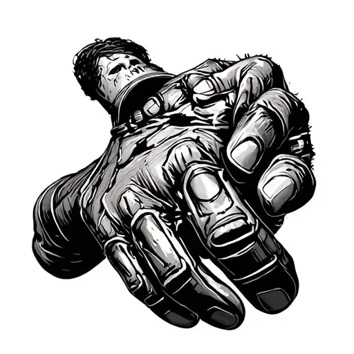 A nightmarish portrait of a mechanic's hand transforming into the glove of Freddy Krueger, with Chucky, Michael Myers, Jason, and Leatherface peering out from the shadows tattoo design idea