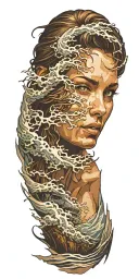 waves crashing shipwreck morphing into woman's face tattoo design idea