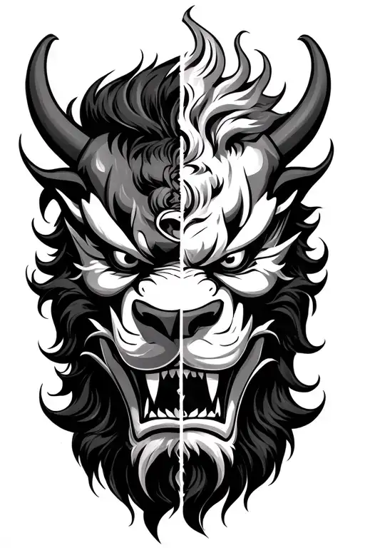 japanese evil oni mask split in half, with a foo lion tattoo design idea