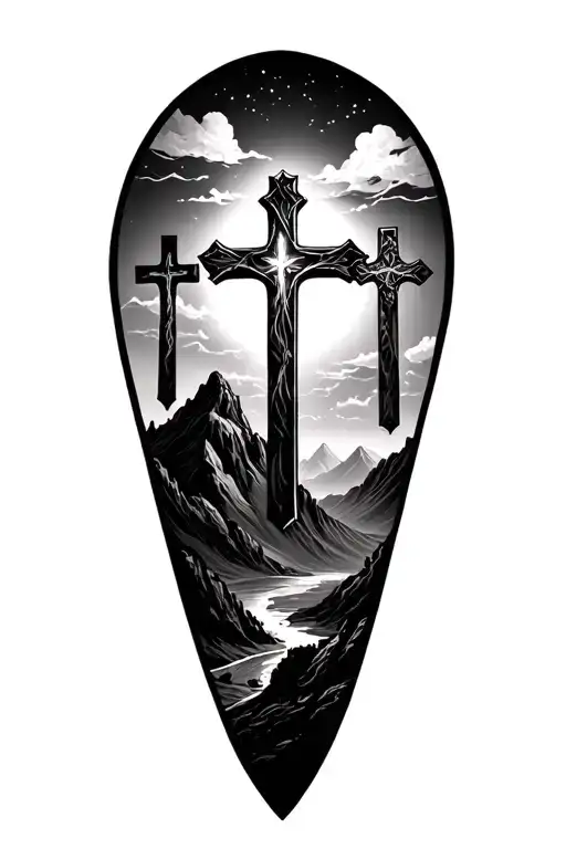 3 crosses on the mountain landscape tattoo design idea